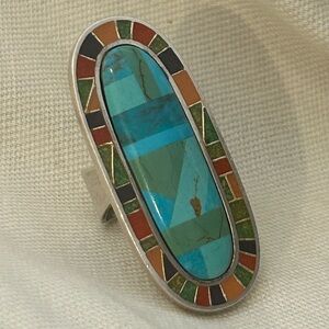 Carolyn Pollack Sterling Silver Multi-Stone Mosaic Inlay Turquoise Long Ring 6.5